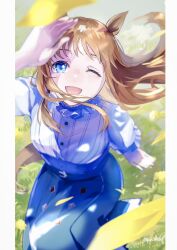 1girl animal_ears blue_dress blue_eyes blush breasts brown_hair dress field flower grass grass_wonder_(umamusume) highres horse_ears horse_girl horse_tail long_hair looking_at_viewer multicolored_hair one_eye_closed open_mouth outdoors quro914803 short_sleeves smile solo tail umamusume white_hair