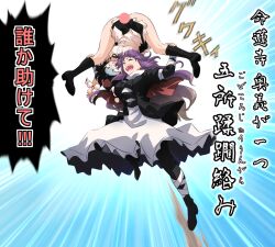 2girls ass black_hair dress hat hijiri_byakuren kinniku_buster long_hair motion_lines multiple_girls open_mouth pom_pom_(clothes) purple_hair red_eyes red_headwear shameimaru_aya shundou_heishirou skirt smile tengu thighs tokin_hat touhou