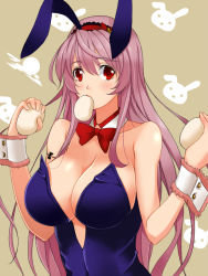 Rule 34 | 1girl, animal ears, bad id, bad pixiv id, blush, breasts, cleavage, detached collar, eating, fake animal ears, female focus, food, kosuke (bb), large breasts, leotard, long hair, looking at viewer, mochi, mouth hold, pink hair, playboy bunny, rabbit ears, red eyes, sengoku bushouki muramasa, solo, toudou takatora (sengoku bushouki muramasa), wagashi, wrist cuffs