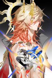 Rule 34 | 2boys, antenna hair, arm tattoo, back tattoo, black coat, black gloves, black pants, black shirt, blonde hair, blue cape, braid, cape, chest tattoo, coat, dripping, facial tattoo, fingerless gloves, gloves, gold necklace, gradient hair, hair between eyes, highres, honkai: star rail, honkai (series), jewelry, liquid gold, looking at viewer, male focus, medium hair, multicolored hair, multiple boys, mydei (honkai: star rail), necklace, no mouth, open clothes, open coat, pants, phainon (honkai: star rail), red cape, red hair, red tattoo, shirt, short hair, side braid, side cape, suirandanshihao, tattoo, toned, toned male, white coat, white hair, yellow eyes