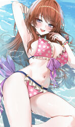 1girl absurdres arm_behind_head arm_up armpits bare_shoulders bead_bracelet beads bikini black_choker blue_eyes bracelet breasts brown_hair choker cleavage commission frilled_bikini frills front-tie_bikini_top front-tie_top granblue_fantasy hand_up highres jewelry large_breasts lecia_(granblue_fantasy) long_hair looking_at_viewer mango_(mango0208) navel open_mouth pink_bikini pixiv_commission polka_dot smile solo stomach swimsuit thighs wet