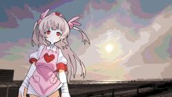 1girl apron armband bandaged_wrist bandages brown_hair cowboy_shot dawn dress hair_ornament hat heart heart_print highres long_hair natori_sana natori_sana_(nurse) nurse nurse_cap outdoors pink_apron rabbit_hair_ornament red_armband red_eyes sana_channel shinbashi_seiji short_dress short_sleeves sky solo standing sun two_side_up virtual_youtuber white_dress