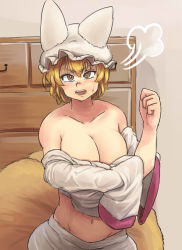 1girl adapted_costume alternate_eye_color animal_hat bare_shoulders blonde_hair breasts brown_eyes chanta_(ayatakaoisii) chest_of_drawers collarbone eyebrows female_focus fox_tail hair_between_eyes hand_up hat huge_breasts indoors long_sleeves looking_at_viewer mob_cap multiple_tails navel open_mouth shirt short_hair skirt solo stomach sweatdrop tail teeth tongue touhou undressing upset white_shirt white_skirt wide_sleeves yakumo_ran