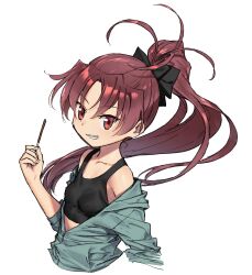 Rule 34 | 1girl, absurdres, bare shoulders, breasts, brown hair, commentary request, food, highres, ikezawa shin, jacket, looking at viewer, mahou shoujo madoka magica, open clothes, open jacket, pocky, ponytail, red eyes, sakura kyoko, simple background, sketch, small breasts, smile, solo, tank top, upper body, white background
