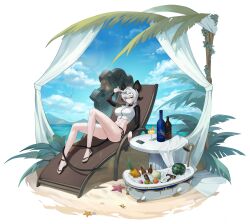 1girl absurdres alternate_costume bare_legs beach_chair beer_bottle bikini black_bikini black_horns black_sandals blue_sky bottle breasts can cellphone coconut commentary_request cup curled_horns day drink_can drinking_glass food fruit grey_hair hair_between_eyes highres horns incredibly_absurdres korean_commentary large_breasts legs long_hair looking_at_viewer navel on_chair outdoors parted_lips phone pineapple red_eyes sandals side-tie_bikini_bottom sitting sky smartphone solo sp123 stomach swimsuit tacet_discord_(wuthering_waves) tail thighs toes watermelon wide_shot wuthering_waves zani_(wuthering_waves)