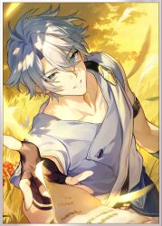 1boy antenna_hair arm_belt asymmetrical_sleeves belt black_belt black_gloves blue_eyes blue_pants collarbone fingerless_gloves gloves grey_shirt hadanugi_dousa hair_between_eyes highres honkai:_star_rail honkai_(series) looking_at_viewer male_focus note official_alternate_costume official_art open_kimono pants parted_lips phainon_(a_dream_scented_in_wheat)_(honkai:_star_rail) phainon_(honkai:_star_rail) shirt short_sleeves smile solo third-party_source white_hair white_shirt yellow_pupils