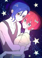 1boy 1girl amate_yuzuriha black_tank_top blue_eyes blue_hair blush breasts chinese_commentary commentary_request gundam gundam_gquuuuuux hair_between_eyes hetero highres hug ponytail red_eyes red_hair shirt short_hair short_ponytail short_sleeves shuji_ito star_(sky) star_(symbol) sweat tank_top upper_body yellow_shirt ymmmkome