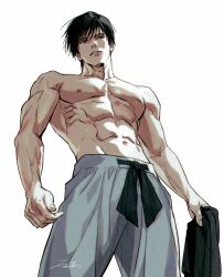 1boy abs black_eyes black_hair commentary fushiguro_touji grey_pants groin hashtag-only_commentary holding holding_unworn_clothes jujutsu_kaisen juneseo male_focus muscular muscular_male navel nipples pants parted_lips pectorals scar scar_on_face scar_on_mouth short_hair signature solo teeth topless_male veins veiny_arms white_background