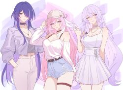 Rule 34 | 3girls, acheron (honkai: star rail), alternate costume, bare shoulders, baseball cap, black choker, black swan (honkai: star rail), breasts, choker, cleavage, closed mouth, collarbone, commentary, denim, denim shorts, dress, earrings, elysia (honkai impact), english commentary, grey shirt, hair over one eye, hand in pocket, hand on own hat, hand up, hat, high-waist shorts, highres, honkai: star rail, honkai (series), honkai impact 3rd, in-franchise crossover, jacket, jewelry, large breasts, long hair, looking at viewer, medium breasts, midriff, multicolored hair, multiple girls, navel, necklace, pants, pink hair, purple eyes, purple hair, purple jacket, samlatte, shirt, shirt tucked in, shorts, signature, smile, streaked hair, thigh strap, very long hair, waving, white dress, white hat, white pants