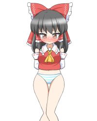 1girl 3: @_@ arms_behind_back bare_shoulders black_hair blue_panties blush bow breasts commentary_request detached_sleeves embarrassed feet_out_of_frame frilled_bow frilled_hair_tubes frills frown furrowed_brow hair_tubes hakurei_reimu highres huge_bow looking_down medium_breasts medium_hair navel no_pants nose_blush panties red_bow red_shirt ribbon_trim shirt solo standing striped_clothes striped_panties surprised tearing_up thigh_gap touhou underwear v-shaped_eyebrows white_panties yellow_eyes zenji029
