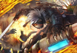 Rule 34 | 1boy, battle, cporing, cutting, cyborg, dwarf gekko, explosion, glowing, glowing eye, highres, katana, male focus, metal gear (series), metal gear rising: revengeance, raiden (metal gear), silver hair, solo focus, sword, weapon