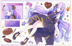 Rule 34 | 1girl, :d, absurdres, bare shoulders, black bow, black bowtie, black dress, black shoes, blush, borrowed character, bow, bowtie, chopsticks, commentary, commission, computer keyboard, controller, cookie, cup, dress, drink, drinking glass, drinking straw, food, full body, game controller, green eyes, grill, hair bow, heterochromia, highres, inset border, long hair, looking at viewer, multiple views, open mouth, original, purple hair, red eyes, shoes, simple background, skeb commission, sleeveless, sleeveless dress, smile, tsukiyo (skymint), very long hair, white background, window (computing)