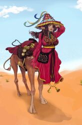 1girl absurdres bell blue_eyes breasts brown_hair brown_lips camel_ears camel_girl commentary dark-skinned_female dark_skin desert dress earrings english_commentary full_body hair_over_one_eye hat highres jewelry large_breasts one_eye_covered original outdoors parted_lips red_dress red_hat ring robo_ink shading_eyes shadow smile solo standing taur white_nails