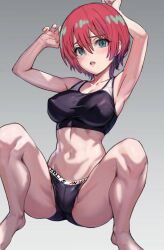 1girl amate_yuzuriha armpits arms_up black_bra black_panties bra breasts commentary_request covered_erect_nipples gradient_background green_eyes grey_background gundam gundam_gquuuuuux highres huo_ji_wu large_breasts panties red_hair short_hair simple_background solo underwear