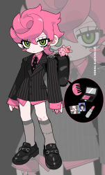 1girl backpack bag black_bag black_footwear black_jacket blush_stickers bruno_bucciarati c73an closed_mouth collared_shirt comb cosmetics donatella_una dot_nose english_text grey_socks highres jacket jojo_no_kimyou_na_bouken lipstick_tube long_eyelashes makeup pink_hair pink_nails pink_shirt polka_dot_necktie shirt short_hair socks solo spice_girl_(stand) striped_clothes striped_jacket trish_una vento_aureo vertical-striped_clothes vertical-striped_jacket zoom_layer
