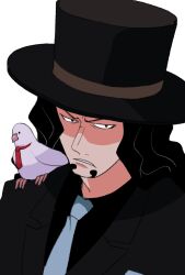 1boy animal animal_on_shoulder bird bird_on_shoulder black_hair black_jacket black_shirt facial_hair goatee hattori_(one_piece) highres jacket long_hair looking_at_viewer male_focus necktie one_piece parted_lips pigeon rob_lucci shirt simple_background upper_body white_background white_necktie yuuya_(hakase-luv)