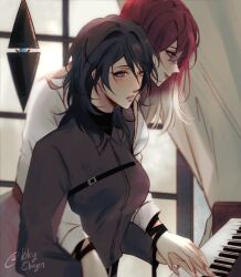 2girls black_hair black_shirt chief_(path_to_nowhere) closed_mouth collared_shirt commentary english_commentary female_chief_(path_to_nowhere) gradient_hair grey_eyes highres holding_hands indoors instrument kiki_(kikychayen) long_hair multicolored_hair multiple_girls music path_to_nowhere playing_instrument playing_piano red_hair schorl_(path_to_nowhere) shalom_(path_to_nowhere) shirt smile twitter_username white_hair white_shirt yuri