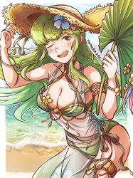 1girl ;d beach bikini breasts cleavage criss-cross_halter fire_emblem fire_emblem_echoes:_shadows_of_valentia fire_emblem_heroes flower green_bikini green_eyes green_hair hair_flower hair_ornament halterneck hat highres holding jewelry large_breasts long_hair looking_at_viewer navel nintendo official_alternate_costume one_eye_closed open_mouth palla_(fire_emblem) palla_(summer)_(fire_emblem) palm_leaf sarong see-through_clothes see-through_sarong skindentation smile solo straw_hat sun_hat swimsuit thighlet thighs tyun_nonokaze water