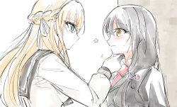 2girls aqua_eyes asakura_karen_(heaven_burns_red) black_hair black_jacket black_sailor_collar blonde_hair braid closed_mouth collared_shirt half_up_braid hand_on_another&#039;s_chin heaven_burns_red jacket long_hair long_sleeves looking_at_another multiple_girls necktie opi parted_lips red_necktie sailor_collar shirt simple_background star_(symbol) toujou_tsukasa white_background white_shirt yellow_eyes yuri