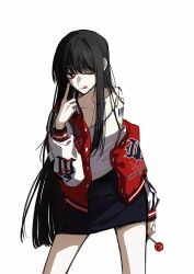 barcode barcode_tattoo black_hair black_skirt candy cropped_legs food highres holding holding_candy holding_food holding_lollipop lollipop long_hair miniskirt one_eye_closed original red_eyes skirt sonnambulo777 tattoo tongue very_long_hair white_background