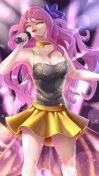 Rule 34 | 1girl, absurdres, breasts, closed eyes, gold skirt, hair ornament, hair ribbon, highres, lego, light rays, lipstick, livi, long hair, makeup, microphone, music, open mouth, pink hair, purple ribbon, ribbon, simple background, singing, skirt, sparkle, sparkle background, star on cheek, takie arts, transparent top, very long hair, wavy hair