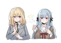Rule 34 | 2girls, absurdres, arrow (symbol), bang dream!, bang dream! it&#039;s mygo!!!!!, black ribbon, blonde hair, blue hair, brown dress, cosplay, costume switch, crossed bangs, diagonal-striped clothes, diagonal-striped necktie, dress, green necktie, grey jacket, hair between eyes, hair ribbon, hanasakigawa school uniform, haneoka school uniform, highres, jacket, kaeru (kaeee41917105), long hair, long sleeves, medium hair, misumi uika, multiple girls, neck ribbon, necktie, purple eyes, red ribbon, ribbon, sailor collar, sailor dress, school uniform, sidelocks, simple background, sleeves past wrists, striped clothes, togawa sakiko, translation request, upper body, white background, white sailor collar