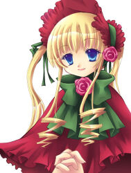 1girl blonde_hair blue_eyes bonnet bow bowtie brooch capelet closed_mouth commentary_request drill_hair drill_sidelocks flower flower_brooch frilled_capelet frills green_bow green_bowtie lolita_fashion long_hair looking_at_viewer morinaga_hinase pink_flower pink_rose red_capelet red_headwear rose rozen_maiden shinku sidelocks simple_background smile solo twintails upper_body white_background