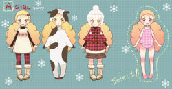 1girl 2009 :d :o animal_costume animal_ears animal_print arms_at_sides barefoot black_shirt blonde_hair blush_stickers boots brown_shorts camisole coat commentary_request cow_costume cow_ears cow_print english_text full_body fur-trimmed_boots fur_trim green_background hat knit_hat long_hair looking_at_viewer multiple_views open_mouth original panties pantyhose pink_camisole pink_panties pom_pom_(clothes) red_coat red_pantyhose shirt shorts smile snowflake_background sugano_manami underwear underwear_only unmoving_pattern winter_clothes