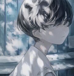 Rule 34 | 1girl, amamanoban, black hair, dappled sunlight, day, eyelashes, highres, looking back, mole, mole on neck, mole under eye, multiple moles, notes, original, outdoors, portrait, sailor collar, short hair, solo, sunlight, white sailor collar
