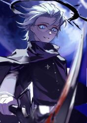 Rule 34 | 1boy, absurdres, aotsuki eito, black cape, black halo, blue eyes, blurry, blurry background, blurry foreground, cape, chinese commentary, eyeliner, full moon, gakuran, glasses, gloves, grey hair, halo, highres, holding, holding scythe, last defense academy school uniform, looking at viewer, makeup, male focus, moon, official alternate hairstyle, pointing melee weapon, red eyeliner, school uniform, scythe, short hair, smile, solo, spoilers, the hundred line -last defense academy-, weapon, white gloves, yunyan624