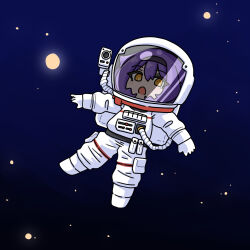 Rule 34 | 1girl, :o, astronaut, black hairband, boots, chibi, commentary request, full body, gloves, hair between eyes, hairband, helmet, highres, honkai (series), honkai impact 3rd, mokkyo (motkyo), open mouth, orange eyes, purple hair, sirin, solo, space, space helmet, spacesuit, star (sky), white boots, white gloves