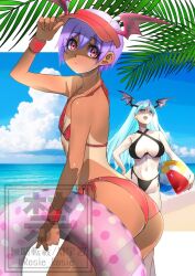 Rule 34 | 2girls, ass, ball, beach, beachball, bikini, black bikini, breasts, cowboy shot, dark-skinned female, dark skin, darkstalkers, demon girl, demon wings, flat chest, green eyes, grey hair, head wings, holding, holding ball, holding swim ring, innertube, large breasts, lilith (darkstalkers), long hair, morrigan aensland, multiple girls, ocean, palm tree, pink eyes, purple hair, red bikini, rosie rosie, sand, short hair, side-tie bikini bottom, solo focus, swim ring, swimsuit, tan, tanline, tree, visor cap, water, wings