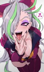 1girl black_nails bow breasts chokkirinu_(precure) cleavage commentary_request cunnilingus_gesture earrings eyeshadow green_hair grey_hair hair_bow hair_over_one_eye heart highres jacket jewelry kimi_to_idol_precure large_breasts long_hair long_sleeves makeup mo_(boo1719501boo) multicolored_hair one_eye_covered open_mouth oral_invitation pink_bow precure purple_eyes purple_eyeshadow purple_jacket purple_lips purple_thighhighs saliva saliva_trail sitting solo speech_bubble spoken_heart streaked_hair stud_earrings teeth thighhighs tongue tongue_out two-tone_hair upper_teeth_only v v_over_mouth very_long_hair white_background