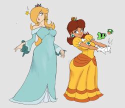 1-up_mushroom 2girls absurdres blonde_hair blue_dress blue_eyes brooch brown_hair commentary crown dress earrings english_commentary flower_brooch flower_earrings freckles full_body gloves hair_over_one_eye highres jewelry kseg3501 long_hair long_sleeves looking_at_another mario_(series) medium_hair multiple_girls nintendo princess_daisy puffy_short_sleeves puffy_sleeves rosalina short_sleeves smile star_(symbol) star_brooch star_earrings super_star_(mario) white_gloves yellow_dress