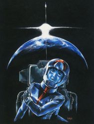 1980s_(style) 1boy amuro_ray astronaut black_background cockpit earth_(planet) gloves gundam helmet highres looking_at_viewer looking_up male_focus military military_uniform mobile_suit_gundam official_art oldschool pilot pilot_suit planet realistic retro_artstyle robot science_fiction signature simple_background solo space spacecraft spacesuit traditional_media upper_body yasuhiko_yoshikazu