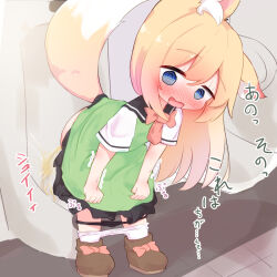 1girl @_@ animal_ear_fluff animal_ears black_panties blue_eyes blush brown_shoes clothes_pull commentary dress embarrassed fox_ears fox_girl fox_tail green_dress leaning_forward loli looking_at_viewer nose_blush open_mouth original panties panty_pull pantyhose pantyhose_pull pee peeing shoes short_sleeves solo sound_effects standing tail translation_request underwear urinal urinal_use white_pantyhose yig_yuki_(yig-gha)