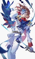 1boy absurdres akechi_gorou blue_butterfly brown_hair bug butterfly cowboy_shot crow_(persona_5) doran_(doran7280) gloves grin highres holding holding_sword holding_weapon insect jacket looking_at_viewer male_focus pants persona persona_5 red_eyes smile solo sword teeth weapon white_background white_gloves white_jacket white_pants