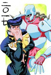 2017 black_hair blue_hair crazy_diamond diamond_wa_kudakenai gakuran hand_on_own_chin heart higashikata_josuke highres hotaru_(ss801) jojo_no_kimyou_na_bouken peace_symbol pompadour purple_eyes school_uniform stand_(jojo) stroking_own_chin