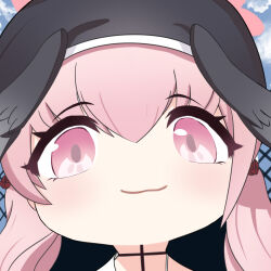 1girl absurdres beret black_hat black_wings blue_archive chibi commentary_request halo hat head_wings highres koharu_(blue_archive) kunjuan_shala looking_at_viewer meme mutsuki_face_(blue_archive) pink_eyes pink_hair portrait solo wings