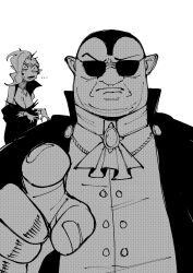 ... 1boy absurdres black_dress breasts cleavage confused dracula dracula_flow_(meme) dress gingrjoke highres husband_and_wife looking_at_viewer meme miss_feratu_(gingrjoke) old old_man open_mouth original pointing pointing_at_viewer pointy_ears real_life shirt short_hair solo_focus sunglasses vampire widow&#039;s_peak