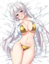 Rule 34 | 1girl, ahoge, alternate costume, ayachi nene, bed sheet, bikini, blush, breast suppress, breasts, cleavage, clenched hands, collarbone, commentary request, cowboy shot, curvy, dress shirt, embarrassed, eyelashes, eyes visible through hair, from above, furrowed brow, gold bikini, grey hair, groin, hair between eyes, hair ribbon, halterneck, hands up, highres, huge ahoge, large breasts, long hair, long sleeves, looking at viewer, lying, navel, on back, open clothes, open mouth, open shirt, pink ribbon, purple eyes, ribbon, sanoba witch, shiny skin, shirt, sidelocks, solo, stomach, straight hair, swimsuit, thick thighs, thigh gap, thighs, very long hair, wavy mouth, white shirt, yuunagi (yunagi1373)