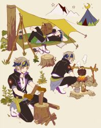 1boy arms_behind_head backpack bag barefoot black_jacket black_pants blue_blindfold blue_headband boots brown_gloves campfire camping cooking crescent_moon earrings final_fantasy final_fantasy_vi firewood gloves grey_hair headband jacket jewelry kisa_tmy11 locke_cole lying male_focus moon mountain multiple_views necklace on_back on_one_knee outdoors pants parted_bangs pendant shirt shoes short_hair short_sleeves sleeping smile squatting tent unworn_shoes white_footwear white_shirt