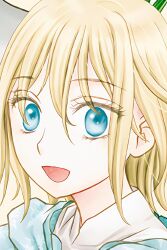 Rule 34 | 1girl, artist request, blonde hair, blue eyes, champignon no majo, happy, lisl (champignon no majo), long hair, looking at viewer, manga style, open mouth, smile, source request, upper body