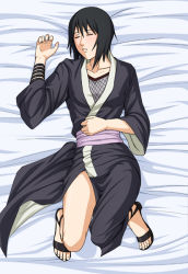 Rule 34 | 1girl, bed, bed sheet, black hair, closed eyes, feet, female focus, fishnets, from above, full body, japanese clothes, kimono, lying, naruto (classic), naruto (series), obi, on back, sash, shizune (naruto), short hair, sleeping, solo, tk (tk&#039;s level4), toes