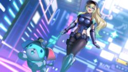 Rule 34 | 1girl, 364ing, absurdres, black hat, blonde hair, blue eyes, blurry, blurry background, breasts, ceru foxhound, covered navel, cyborg, dog, green hair, hat, highres, holding, holding leash, leash, long hair, multicolored hair, open mouth, pantyhose, police, police uniform, policewoman, pouch, second-party source, smile, star (symbol), star in eye, streaked hair, symbol in eye, thigh pouch, thigh strap, vallure
