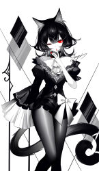 1girl animal_ears artist_name ascot asymmetrical_sleeves bare_shoulders bow cat_ears cat_tail choker dress feet_out_of_frame highres juliet_sleeves limited_palette long_sleeves looking_at_viewer medium_hair nail_polish off-shoulder_dress off_shoulder one_eye_closed original pantyhose puffy_short_sleeves puffy_sleeves red_eyes red_nails sheya short_dress short_sleeves signature solo spot_color standing tail wide_sleeves