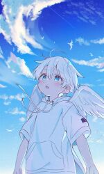 1boy animal bird blue_eyes blush child cloud cloudy_sky commentary_request cowboy_shot double-parted_bangs drawstring far_tarooo feathered_wings hair_between_eyes highres hood hood_down hoodie kuro_(far_tarooo) looking_up male_focus open_mouth original short_hair short_sleeves sky solo white_hair white_hoodie white_wings wings
