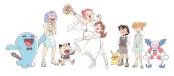 3girls 4boys absurdres ahoge alternate_hairstyle alternate_universe armpits arms_behind_back ash_ketchum blue_hair blush bouquet bow bowtie bridal_veil brown_hair closed_eyes commentary crossdressing delia_ketchum disgust dress earrings english_commentary flower formal_clothes gen_1_pokemon gen_2_pokemon green_hair happy high_heels highres holding holding_bouquet interlocked_fingers james_(pokemon) jessie_(pokemon) jewelry kiana_mai lipstick long_hair looking_at_another makeup meowth misty_(pokemon) mother_and_son mr._mime multiple_boys multiple_girls necklace necktie nintendo open_mouth pikachu pokemon pokemon_(anime) pokemon_(creature) red_hair ring shoes short_hair shorts simple_background smile suit tears teeth upper_teeth_only veil wedding_dress wedding_ring white_background wife_and_wife wobbuffet yuri