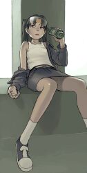 1girl amasawa_yuuko arm_rest black_jacket black_shoes black_skirt bottle breasts brown_eyes brown_hair collarbone commentary dennou_coil drink drinking elbow_rest foot_out_of_frame glasses goggles goggles_on_head hand_up highres hijiri_rei holding holding_bottle holding_drink jacket knees_together_feet_apart leaning_back light_frown long_hair long_sleeves looking_afar looking_to_the_side midriff_peek miniskirt navel off_shoulder on_bench open_clothes open_jacket panties panty_peek parted_bangs parted_lips pillar raised_eyebrow shoes short_hair single_bare_shoulder sitting skirt small_breasts sneakers socks soda_bottle solo tank_top twintails underwear white_background white_socks white_tank_top