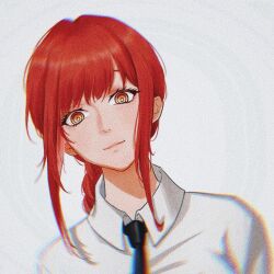 1girl black_necktie braid braided_ponytail chainsaw_man chinese_commentary chromatic_aberration collared_shirt commentary dress_shirt film_grain head_tilt heavy_film_grain heibai_bangbing highres long_hair looking_at_viewer makima_(chainsaw_man) necktie orange_eyes portrait red_hair ringed_eyes shirt simple_background smile solo straight-on white_background white_shirt